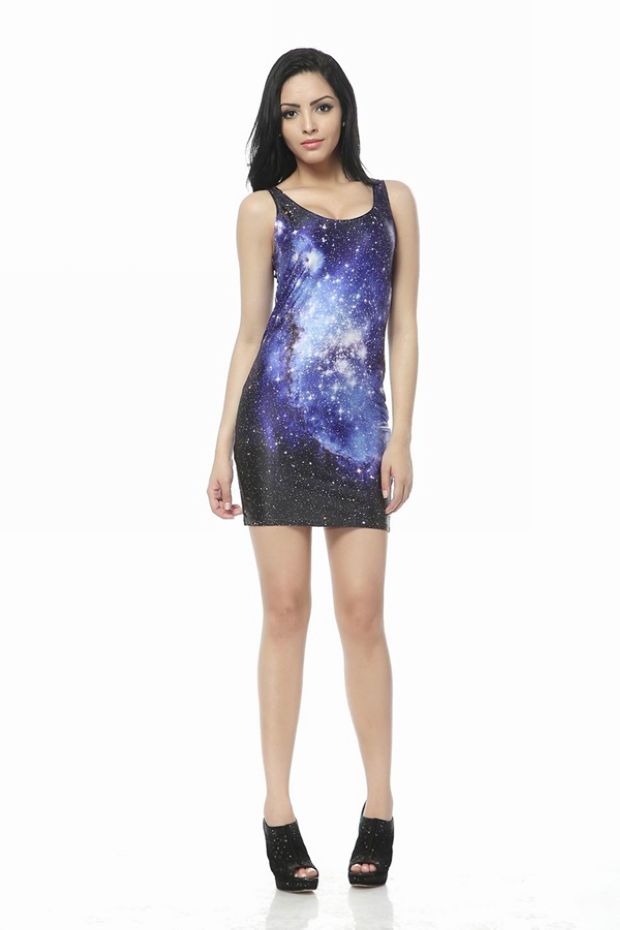 Galaxy Stars Printed Sleeveless Blue and Black Dress